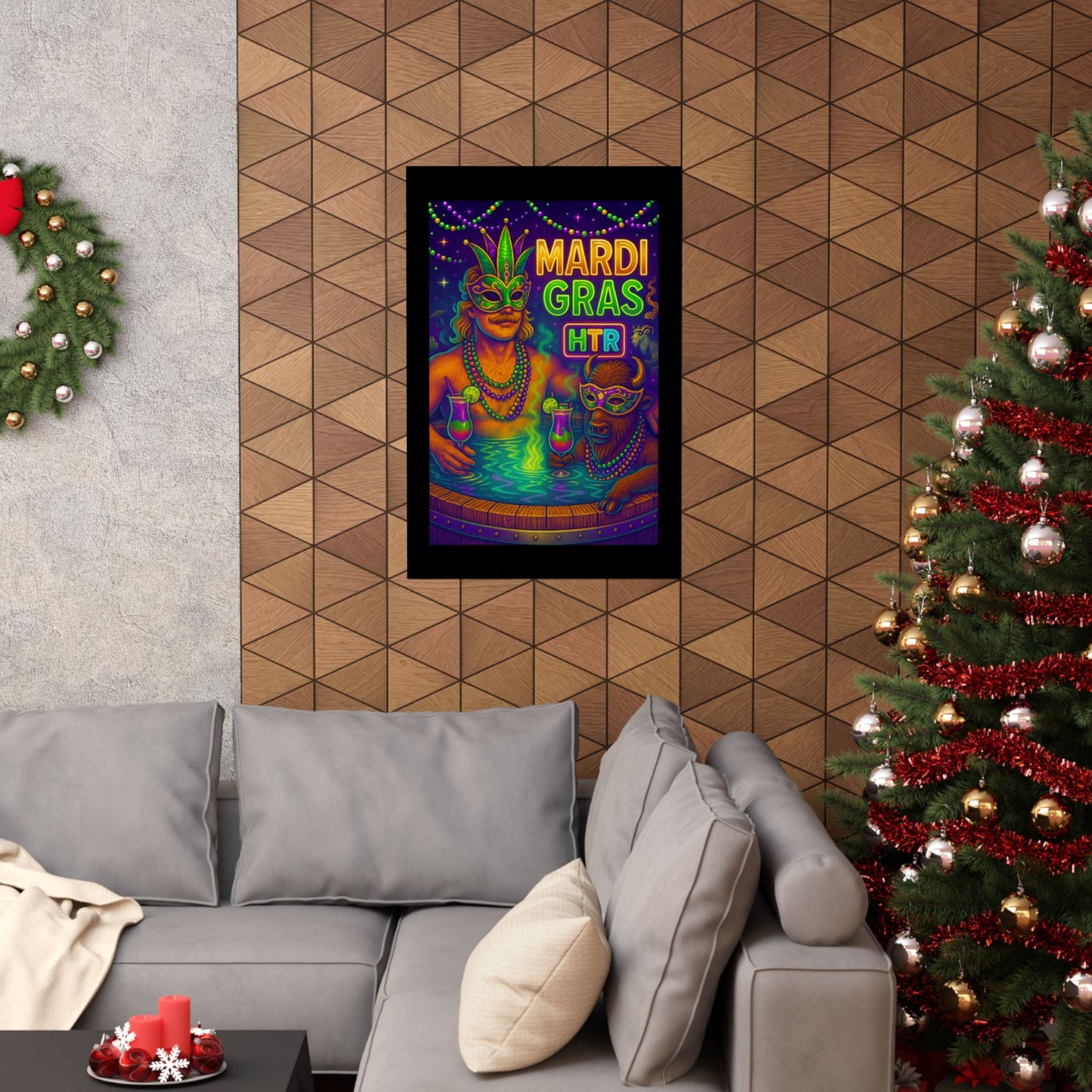 Mardi Gras Party Poster — Neon Masked Duo Matte Vertical Print