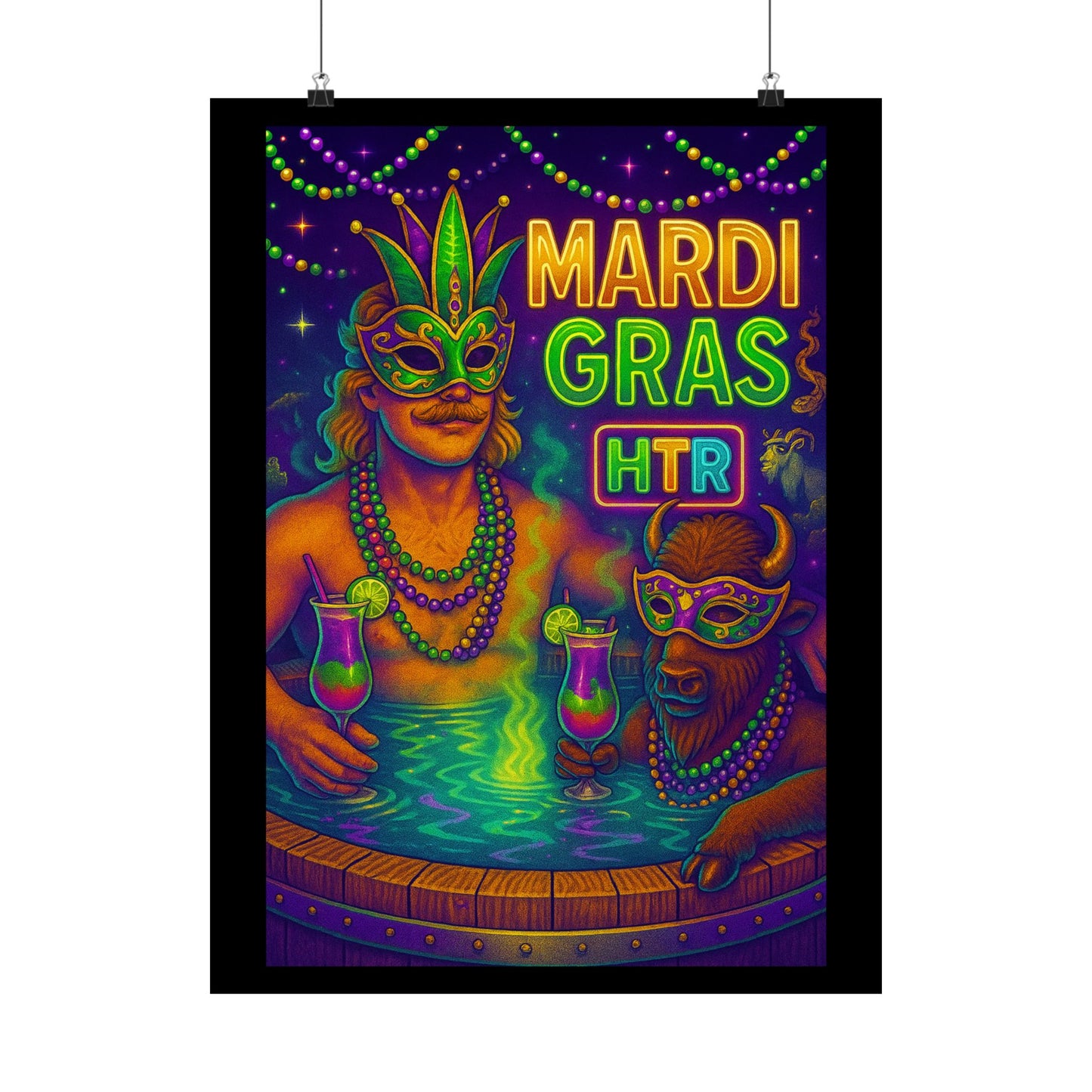 Mardi Gras Party Poster — Neon Masked Duo Matte Vertical Print