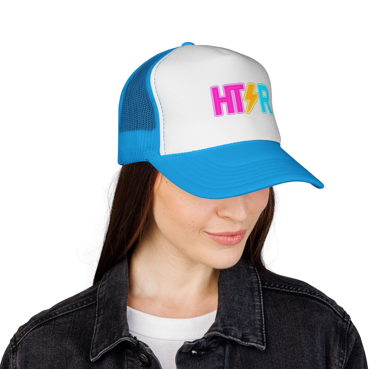 HTR Colorblock Trucker Cap — Retro Lightning Logo Mesh Hat
