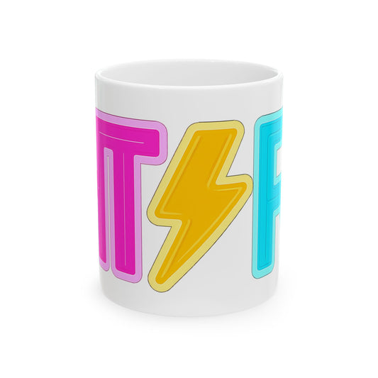 Retro Neon ‘Lit’ Ceramic Mug — Colorful Lightning Coffee Cup (11oz, 15oz)