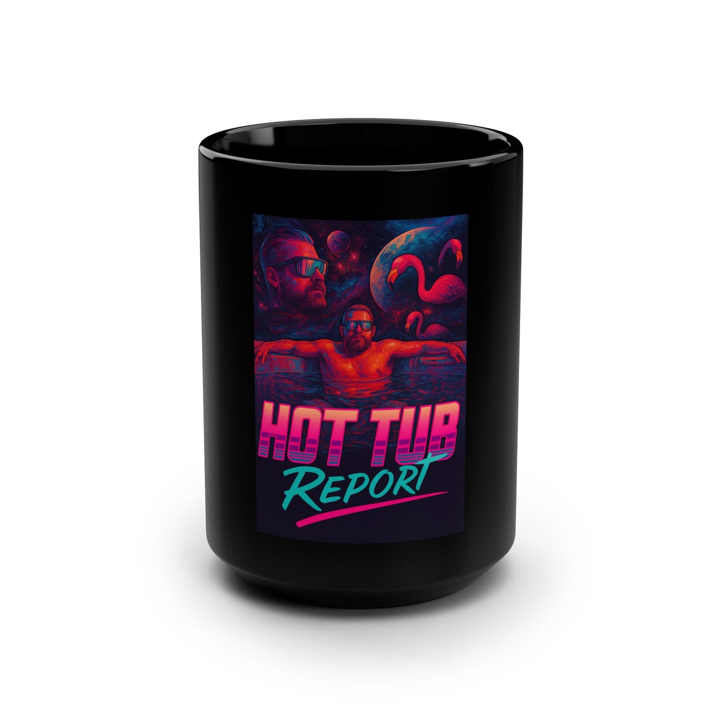 Hot Tub Report Neon Logo Mug — 15oz Black Coffee Cup