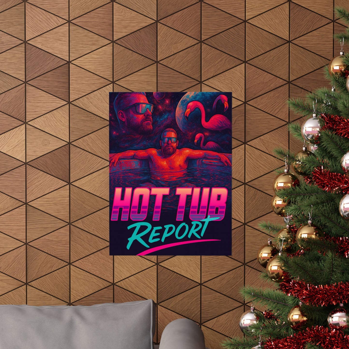 Hot Tub Report Matte Poster — Retro Neon Flamingo Chill Artwork