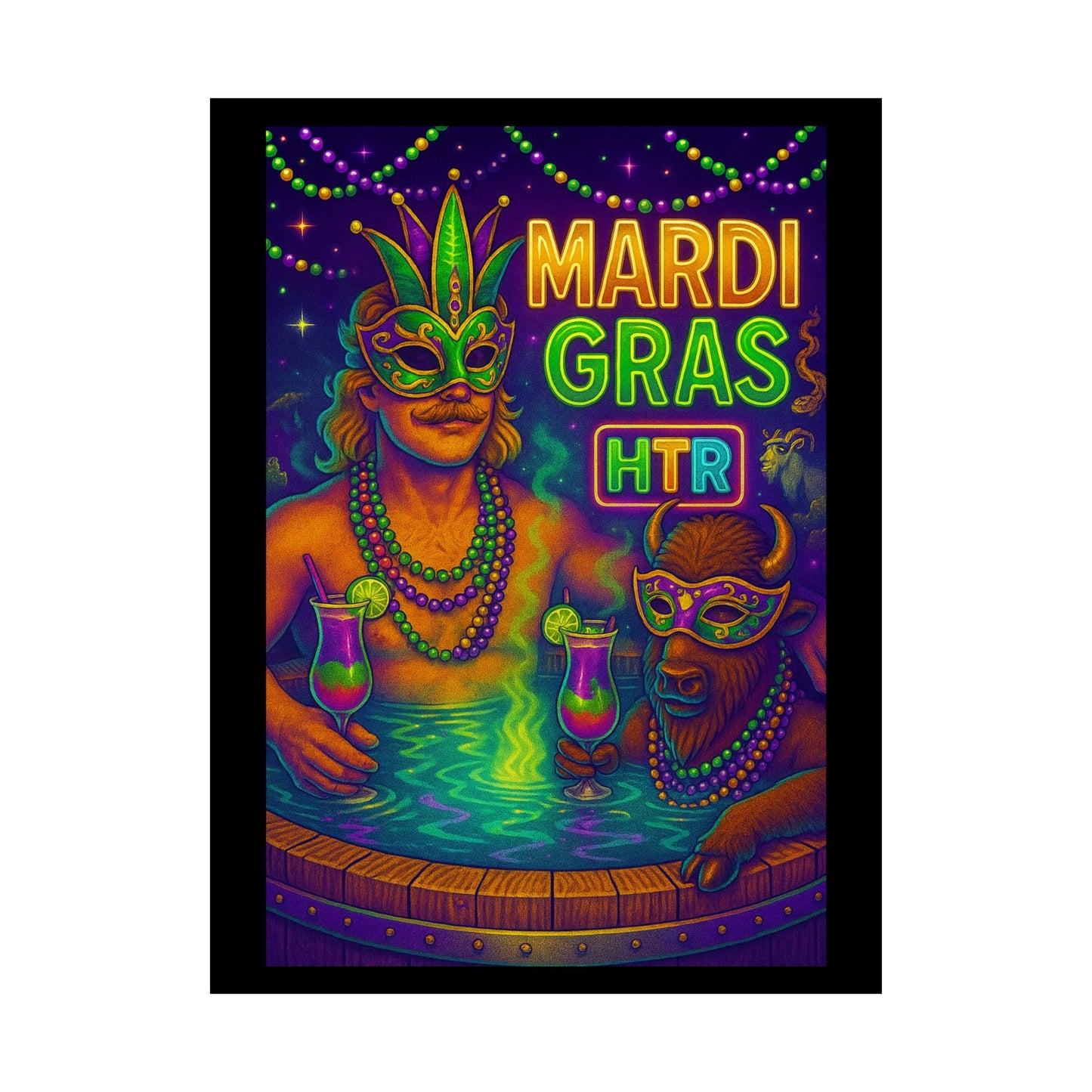Mardi Gras Party Poster — Neon Masked Duo Matte Vertical Print
