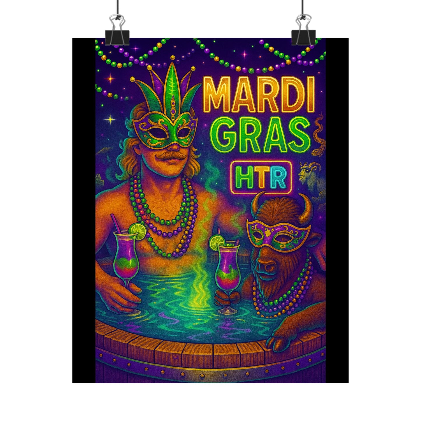 Mardi Gras Party Poster — Neon Masked Duo Matte Vertical Print