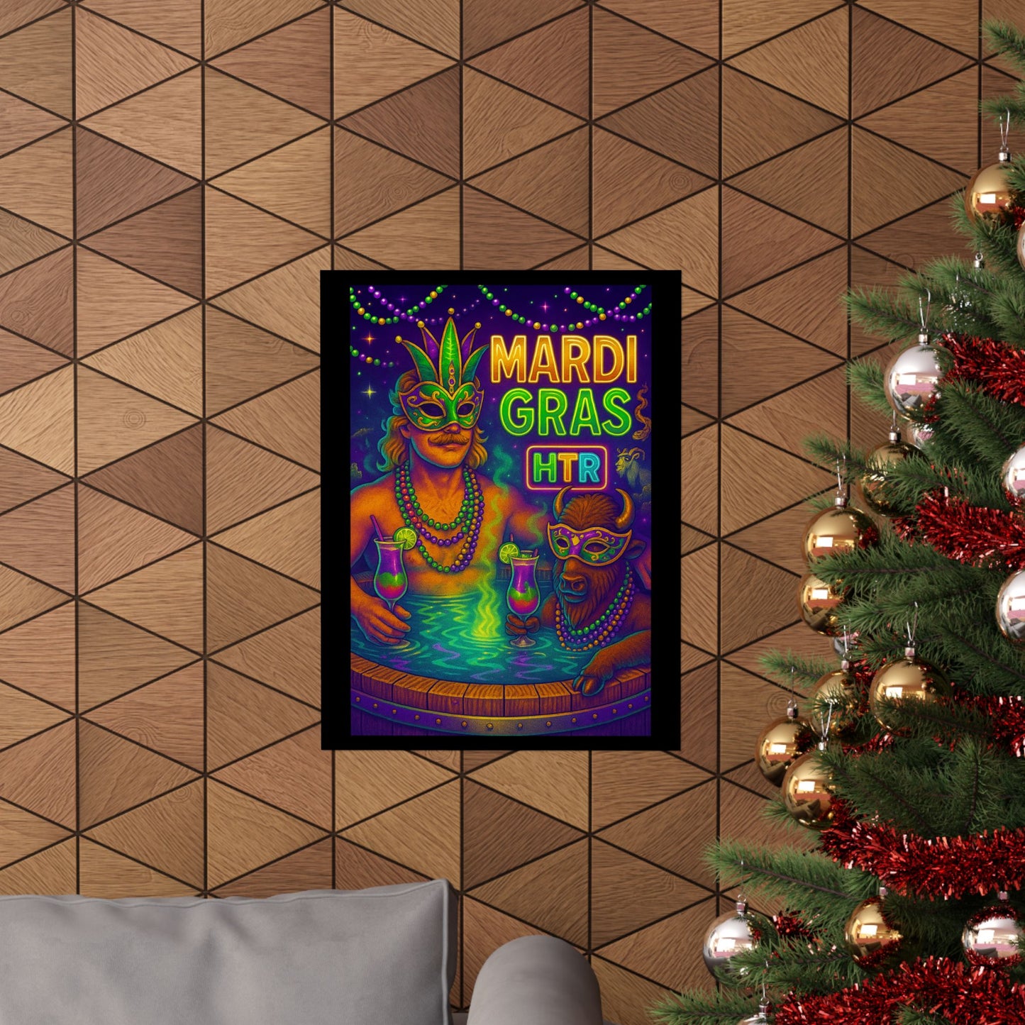 Mardi Gras Party Poster — Neon Masked Duo Matte Vertical Print
