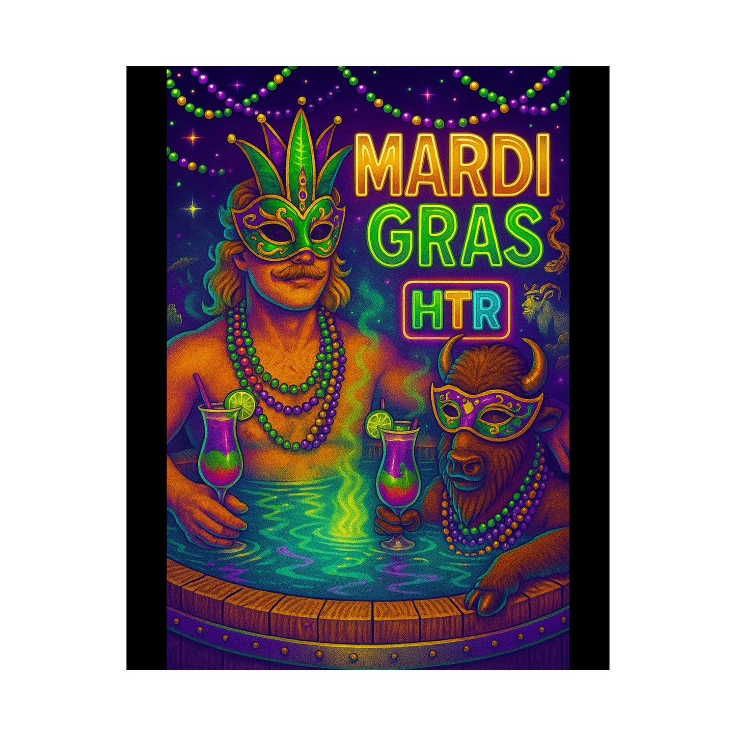 Mardi Gras Party Poster — Neon Masked Duo Matte Vertical Print