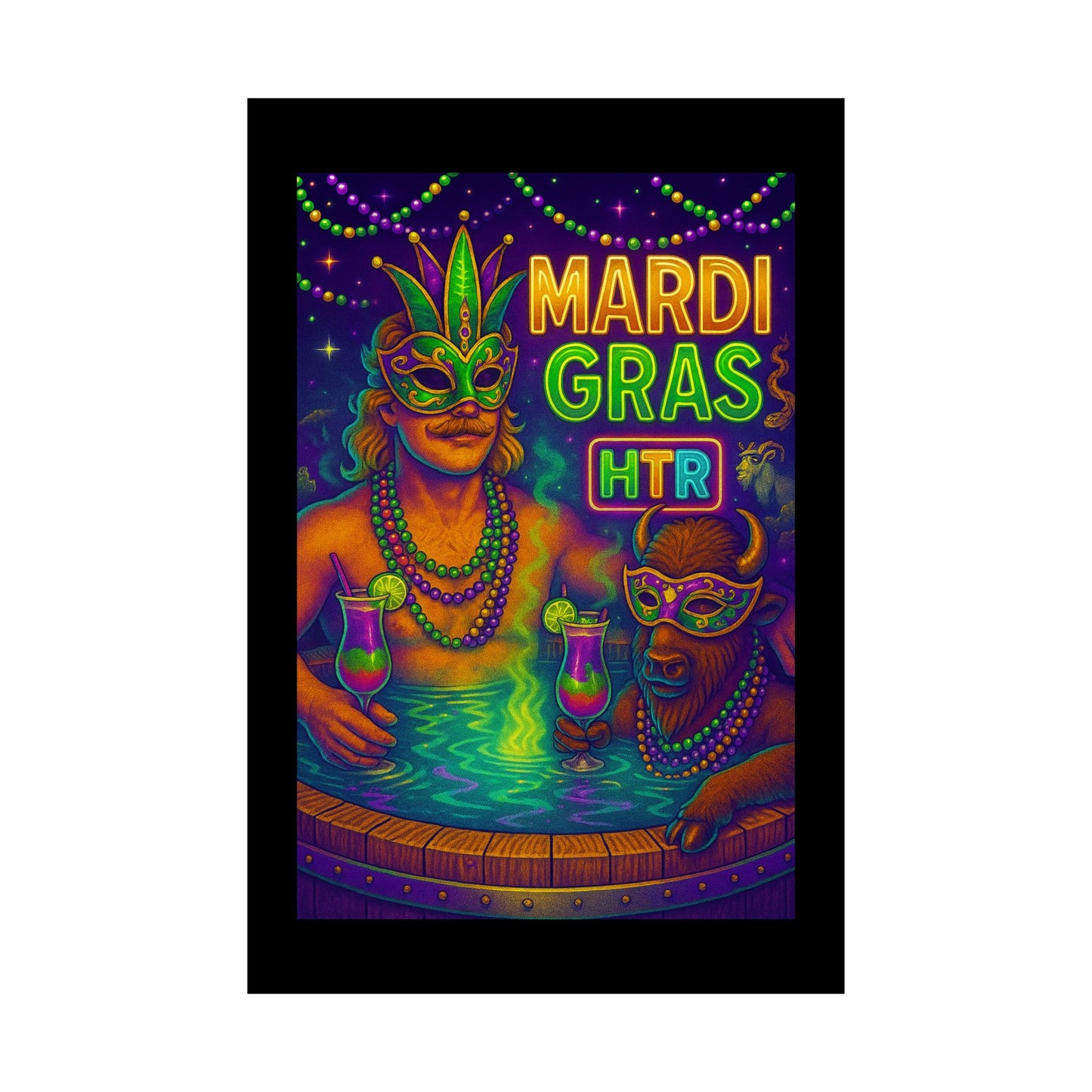 Mardi Gras Party Poster — Neon Masked Duo Matte Vertical Print