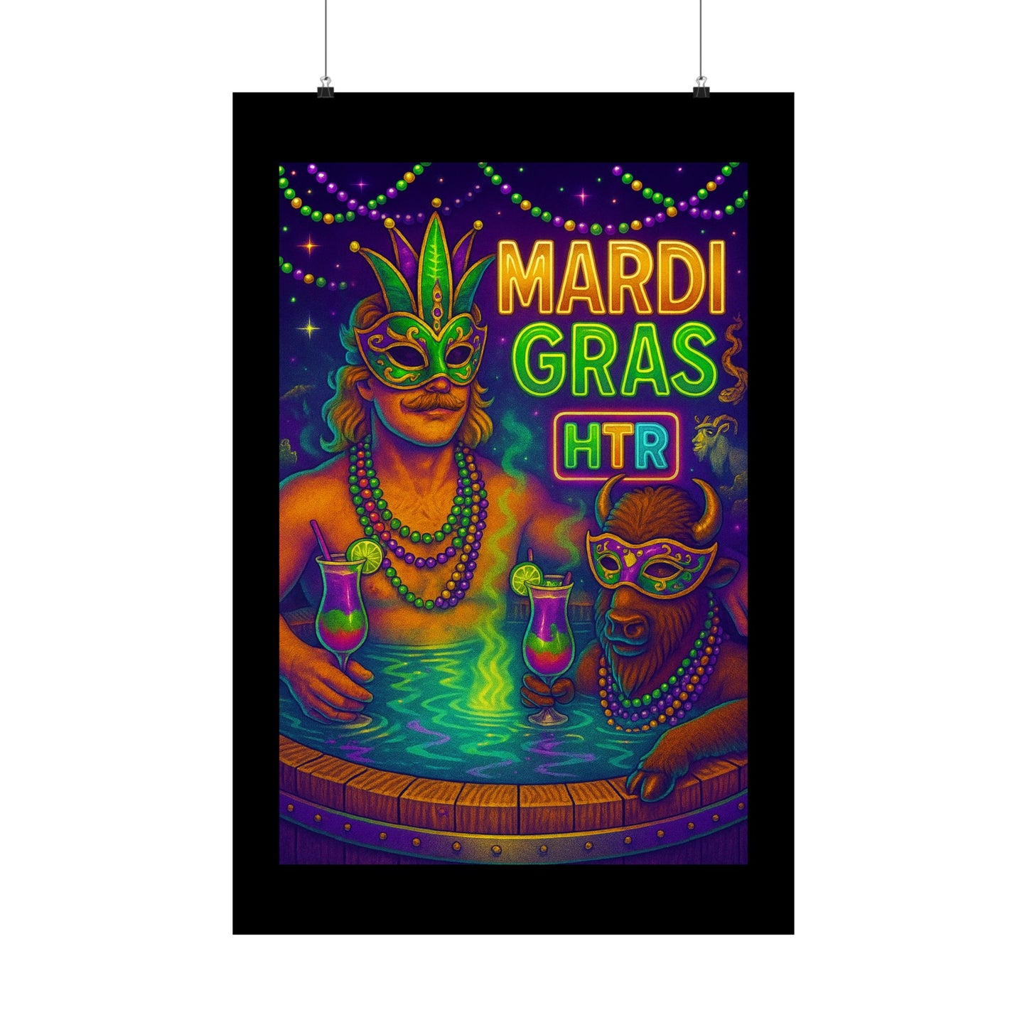 Mardi Gras Party Poster — Neon Masked Duo Matte Vertical Print